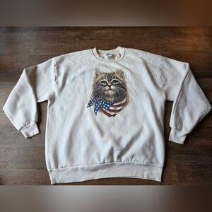 Vintage Patriotic American Flag Sparkly Cat Kitty White Sweatshirt Adult XL